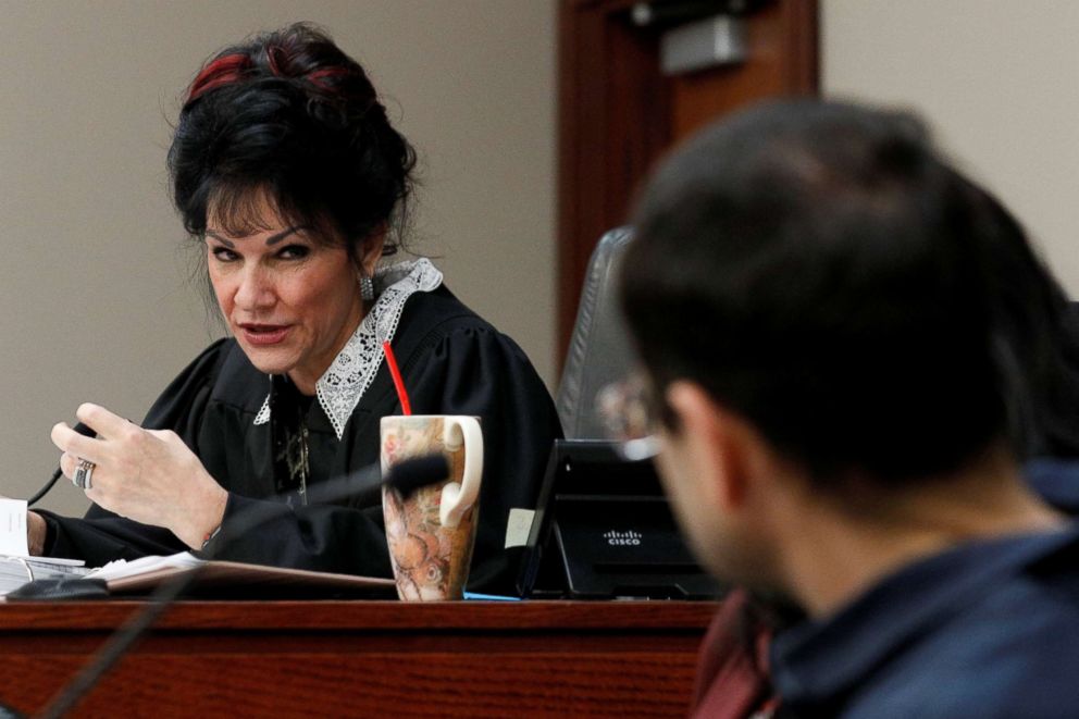 PHOTO: Circuit Court Judge Rosemarie Aquilina addresses Larry Nassar,  a former team USA Gymnastics doctor who pleaded guilty in November 2017 to sexual assault charges, during his sentencing hearing in Lansing, Mich., Jan. 18, 2018. 