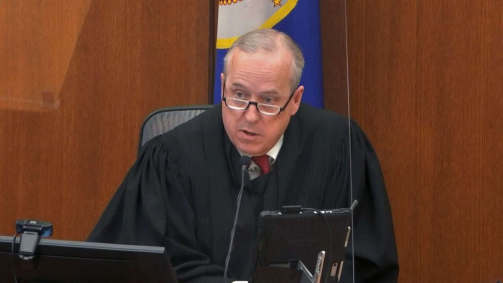 PHOTO: Hennepin County Judge Peter Cahill discusses motions before the court, April 15, 2021, in the trial of former Minneapolis police officer Derek Chauvin at the Hennepin County Courthouse in Minneapolis.