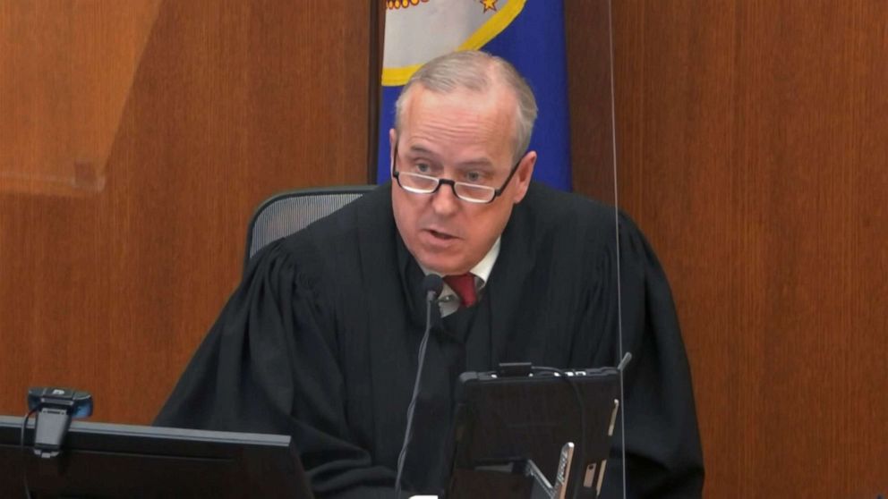 PHOTO: Hennepin County Judge Peter Cahill discusses motions before the court, April 15, 2021, in the trial of former Minneapolis police officer Derek Chauvin at the Hennepin County Courthouse in Minneapolis.