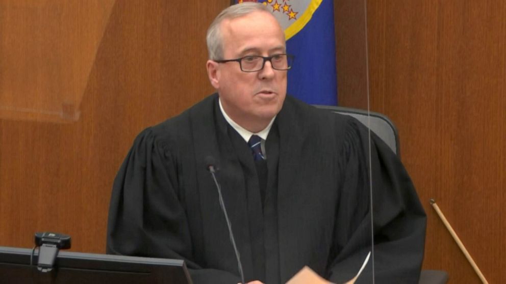 PHOTO: Hennepin County Judge Peter Cahill speaks at during the verdict announcement in the trial of Derek Chauvin at the Hennepin County Courthouse in Minneapolis, April 20 2021.