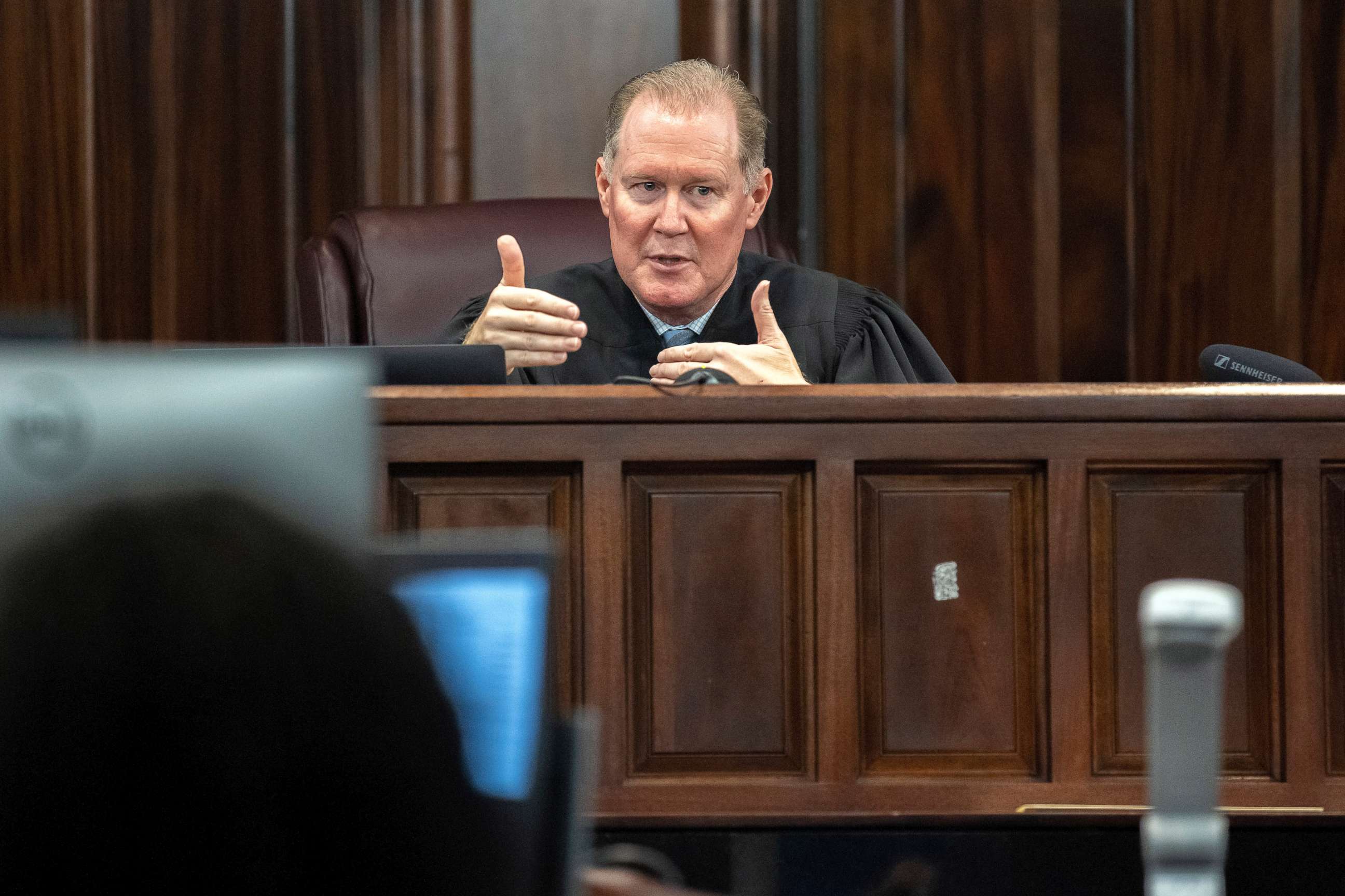 PHOTO: Superior Court Judge Timothy Walmsley speaks during the trial of the men charged with killing Ahmaud Arbery, in the Glynn County Courthouse, Nov. 9, 2021, in Brunswick, Ga.