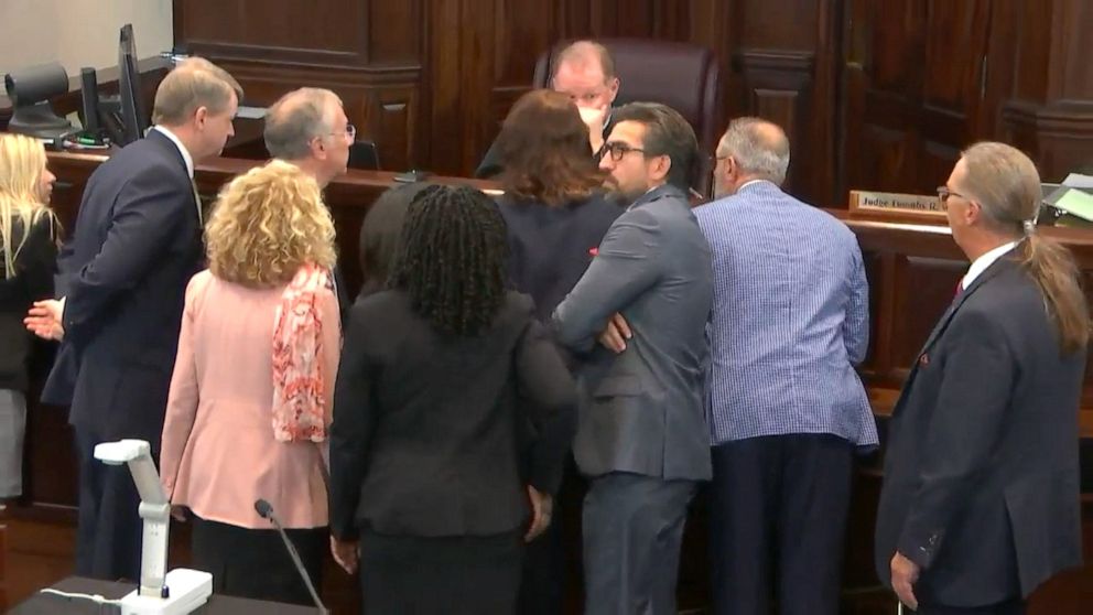 PHOTO: Superior Court Judge Timothy Walmsley asks to speak to council regarding body cam footage submitted as evidence in the trial of the accused killers of Ahmaud Arbery at the Gwynn County Superior Court on Nov. 5, 2021 in Brunswick, Ga.