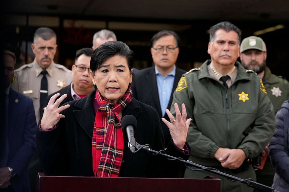 PHOTO: Rep. Judy Chu, D-Calif., left, addresses the media with Los Angeles County Sheriff Robert Luna, right, outside the Civic Center, Jan. 22, 2023, in Monterey Park, Calif.