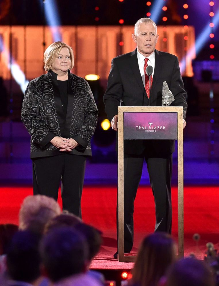 PHOTO: Judy Shepard and Dennis Shepard speak onstage at Logos Trailblazer Honors 2015 at the Cathedral of St. John the Divine in New York City, June 25, 2015.