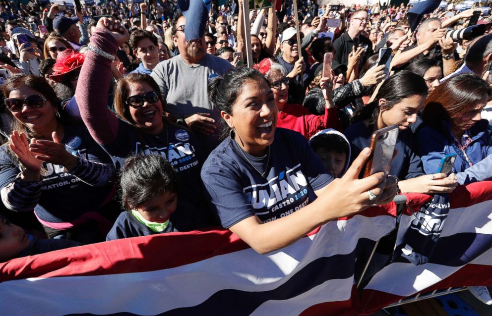 PHOTO: Supporters cheer for former San Antonio Mayor and Housing and Urban Development Secretary Julian Castro at an event where he announced his decision to seek the 2020 Democratic presidential nomination, in San Antonio, Jan. 12, 2019.