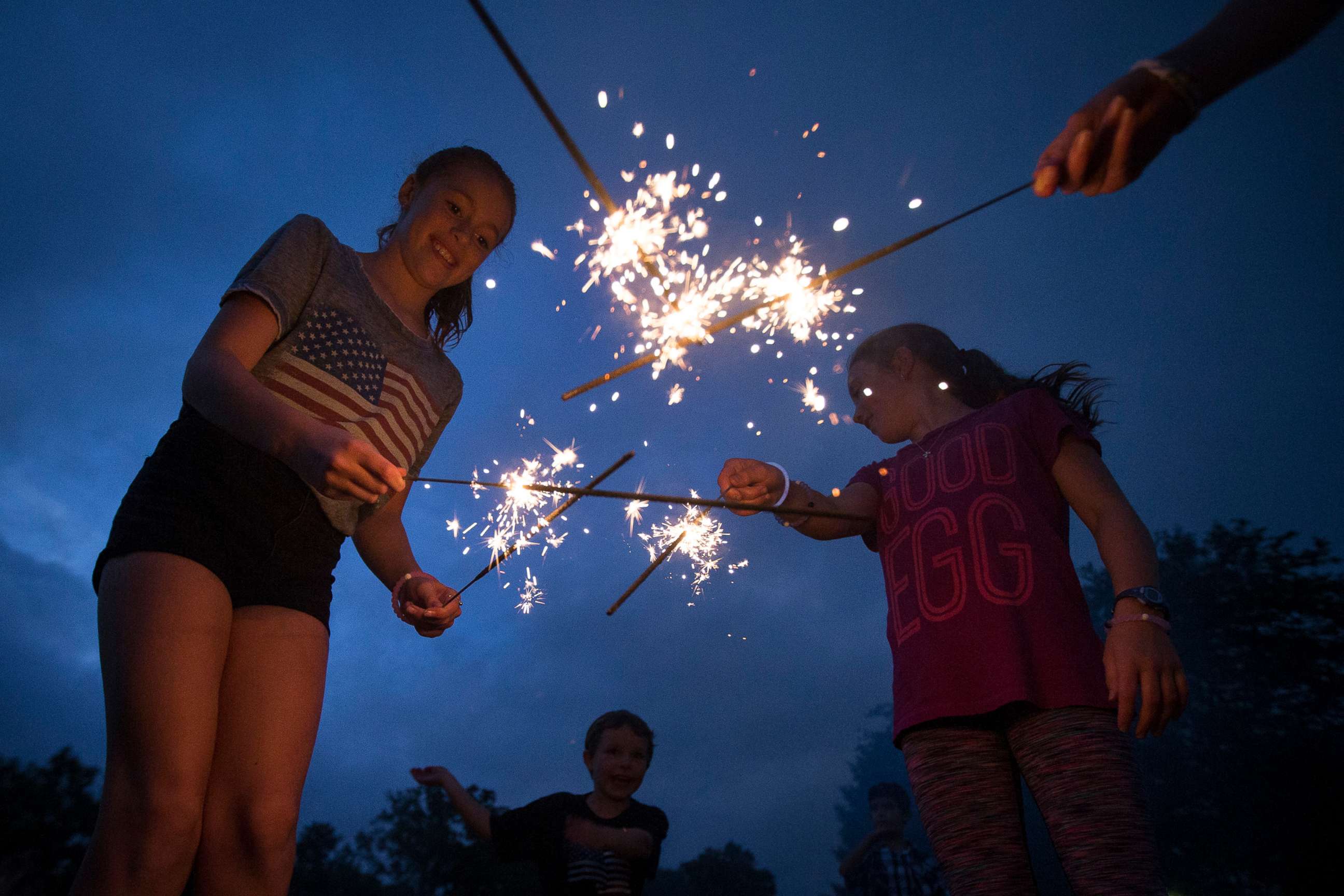 PHOTO: In this file photo, Lila Flynn-Tonbragel, left, plays with sparklers as she waits for Fourth of July fireworks to begin at Ault Park, on July 4, 2016, in Cincinnati.