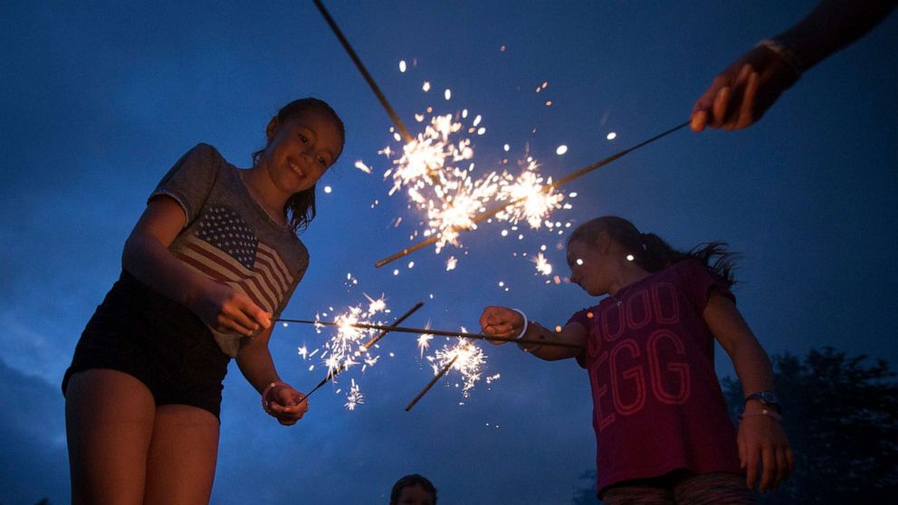 PHOTO: In this file photo, Lila Flynn-Tonbragel, left, plays with sparklers as she waits for Fourth of July fireworks to begin at Ault Park, on July 4, 2016, in Cincinnati.