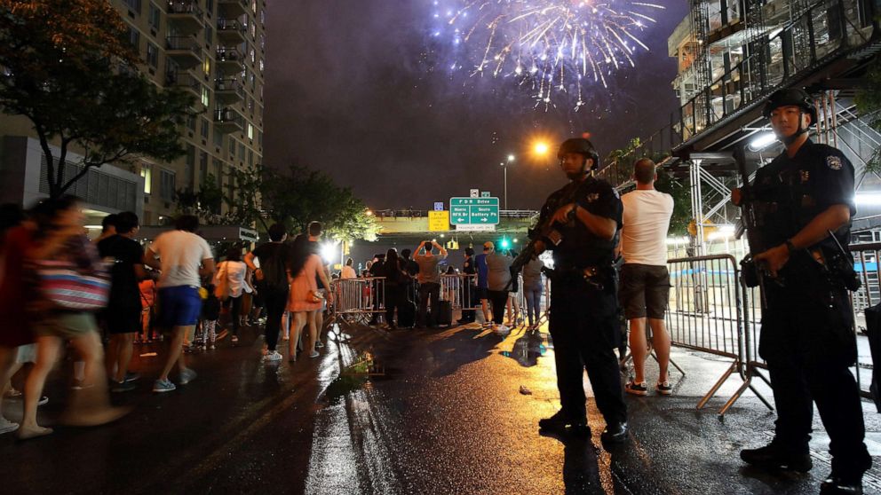 PHOTO: In this file photo from July 4, 2016, counterterrorism police officers watch over spectators for the Fourth of July fireworks along the East River in New York.