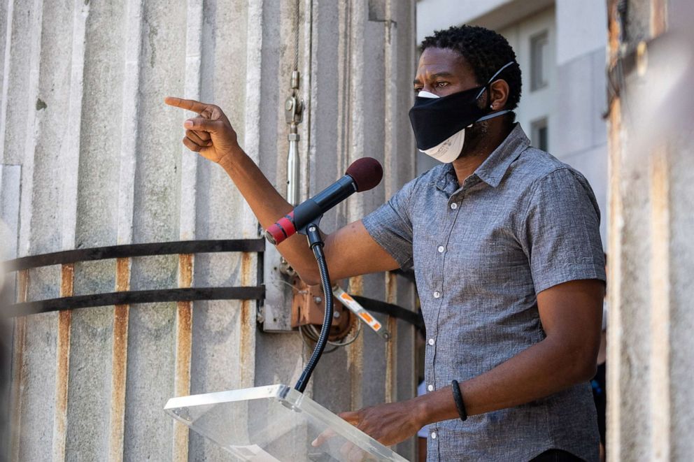 PHOTO: New York City Public Advocate Jumaane Williams speaks at a protest for police reform at the steps of borough hall on June 8, 2020, in New York.