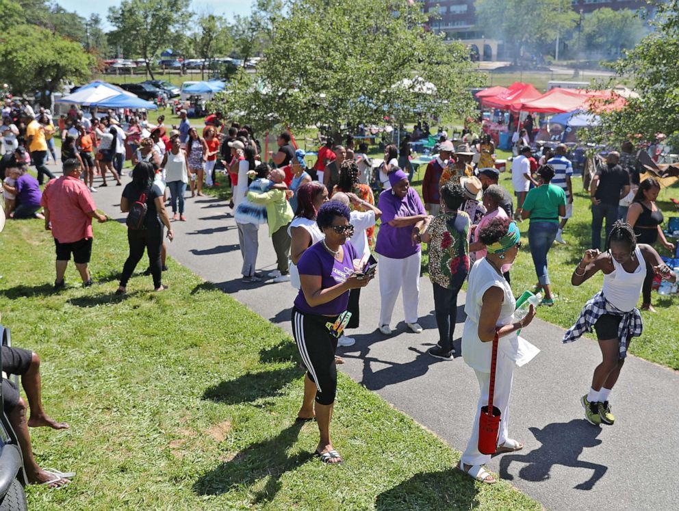 PHOTO: In this June 15, 2019, file photo, people participate in the celebration of Juneteenth in Franklin Park in Boston.