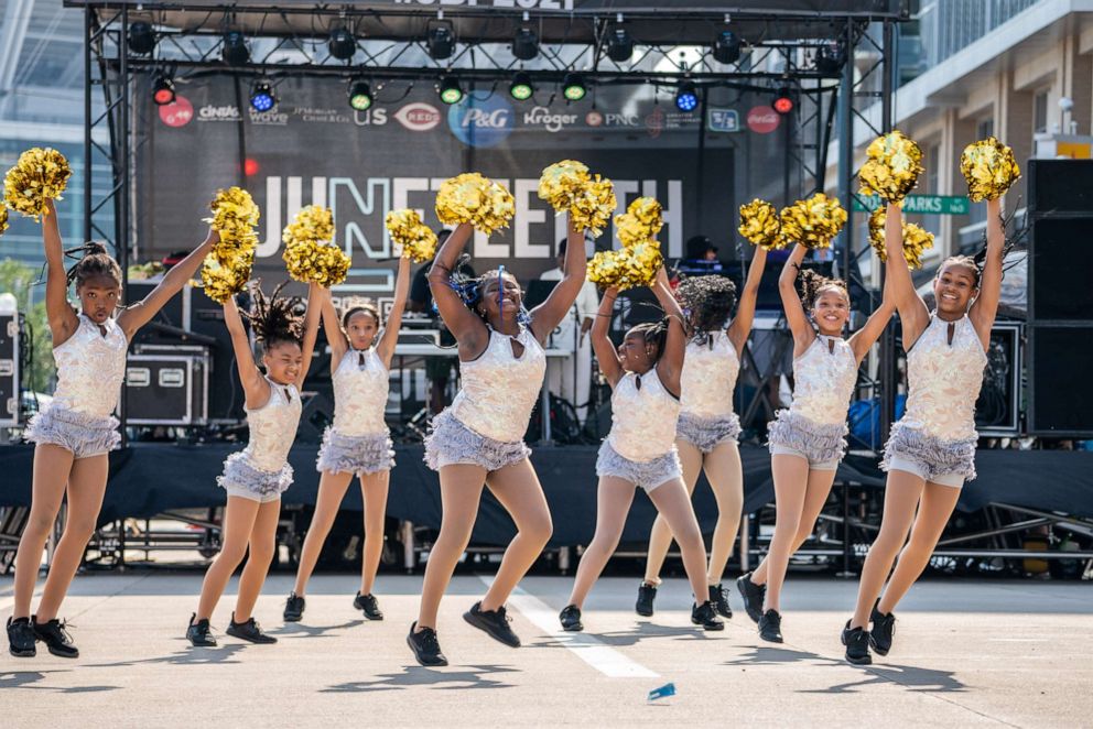 PHOTO: Girls from a local Black dance team perform during the annual Juneteenth Block Party And Celebration on June 18th, 2021, in Cincinnati, Ohio.