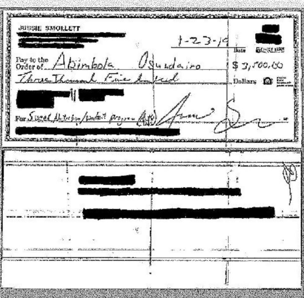 PHOTO: A copy of a $3,500 check that Jussie Smollett apparently wrote out to Abimbola Osundairo on Jan. 23, 2019.