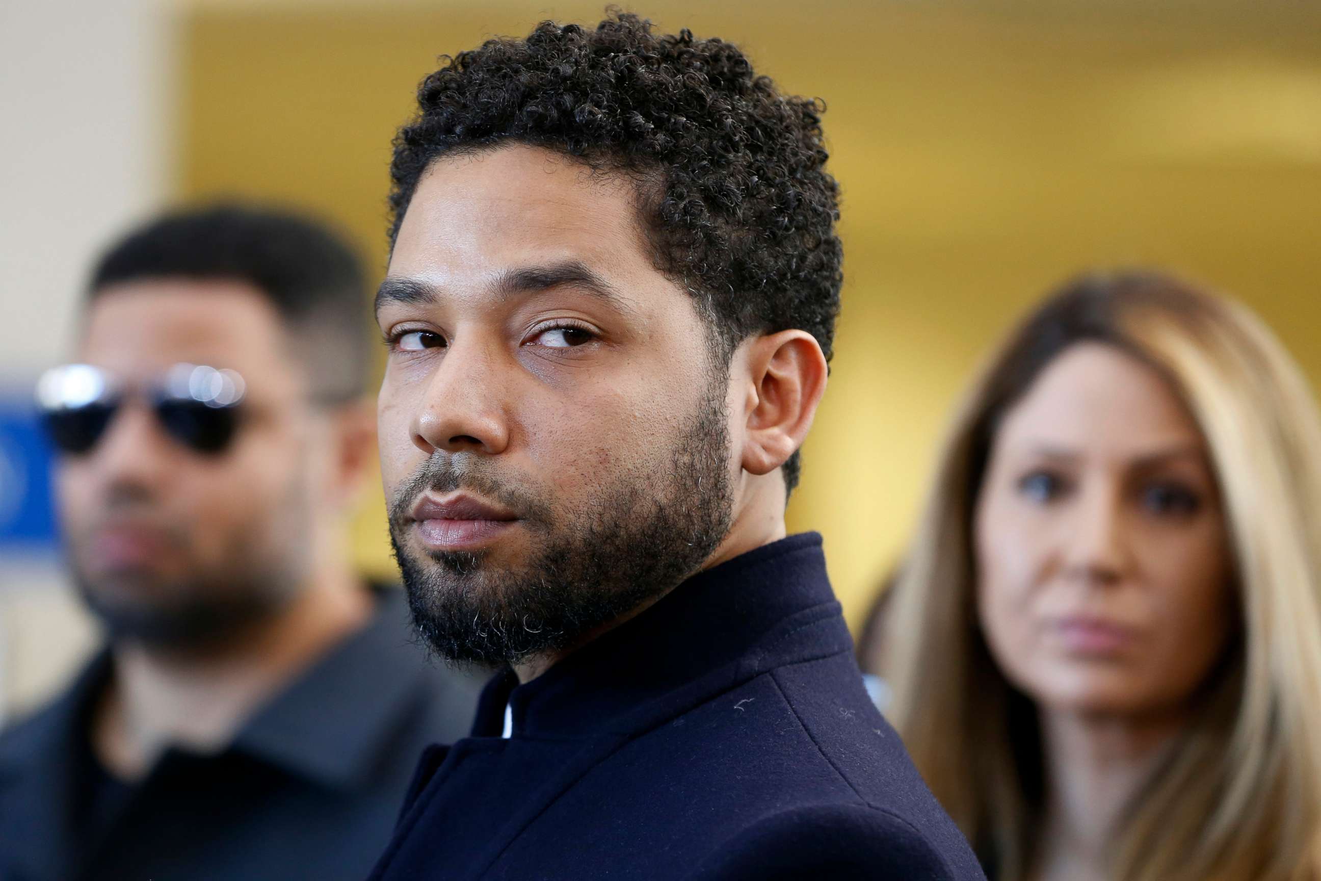 PHOTO: Jussie Smollett speaks with members of the media after his court appearance at Leighton Courthouse, March 26, 2019, in Chicago, Illinois.