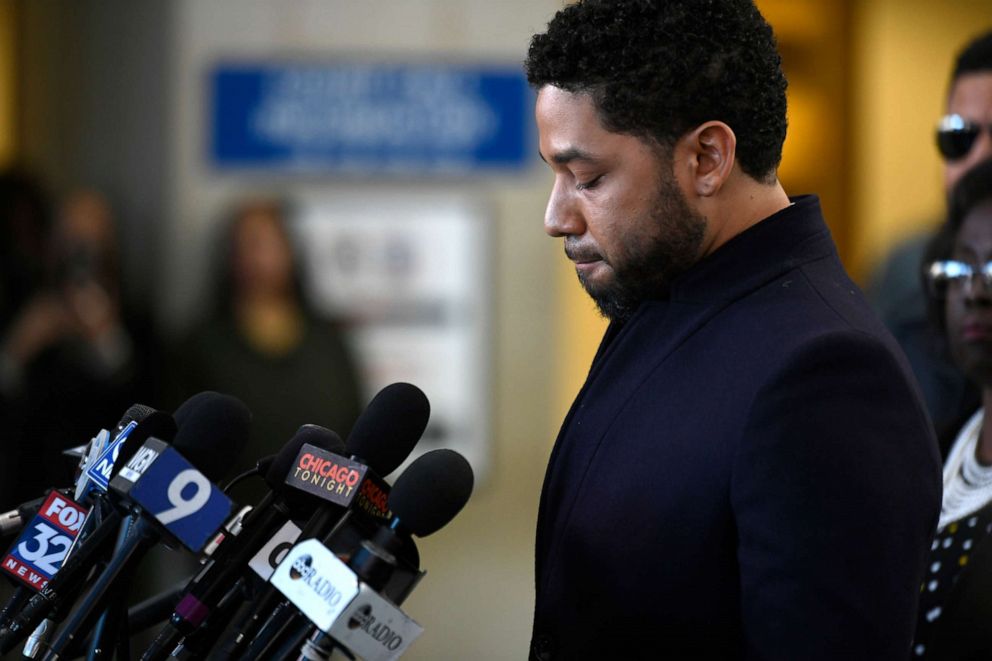 PHOTO: Actor Jussie Smollett talks to the media before leaving Cook County Court after his charges were dropped, March 26, 2019, in Chicago.