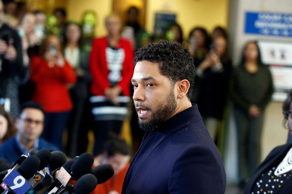 PHOTO: Jussie Smollett speaks with members of the media after his court appearance at Leighton Courthouse, March 26, 2019, in Chicago, Illinois.