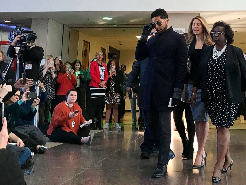 PHOTO: Empire actor Jussie Smollett arrives at a news conference after a hearing at the Leighton Criminal Court Building, March 26, 2019, in Chicago.