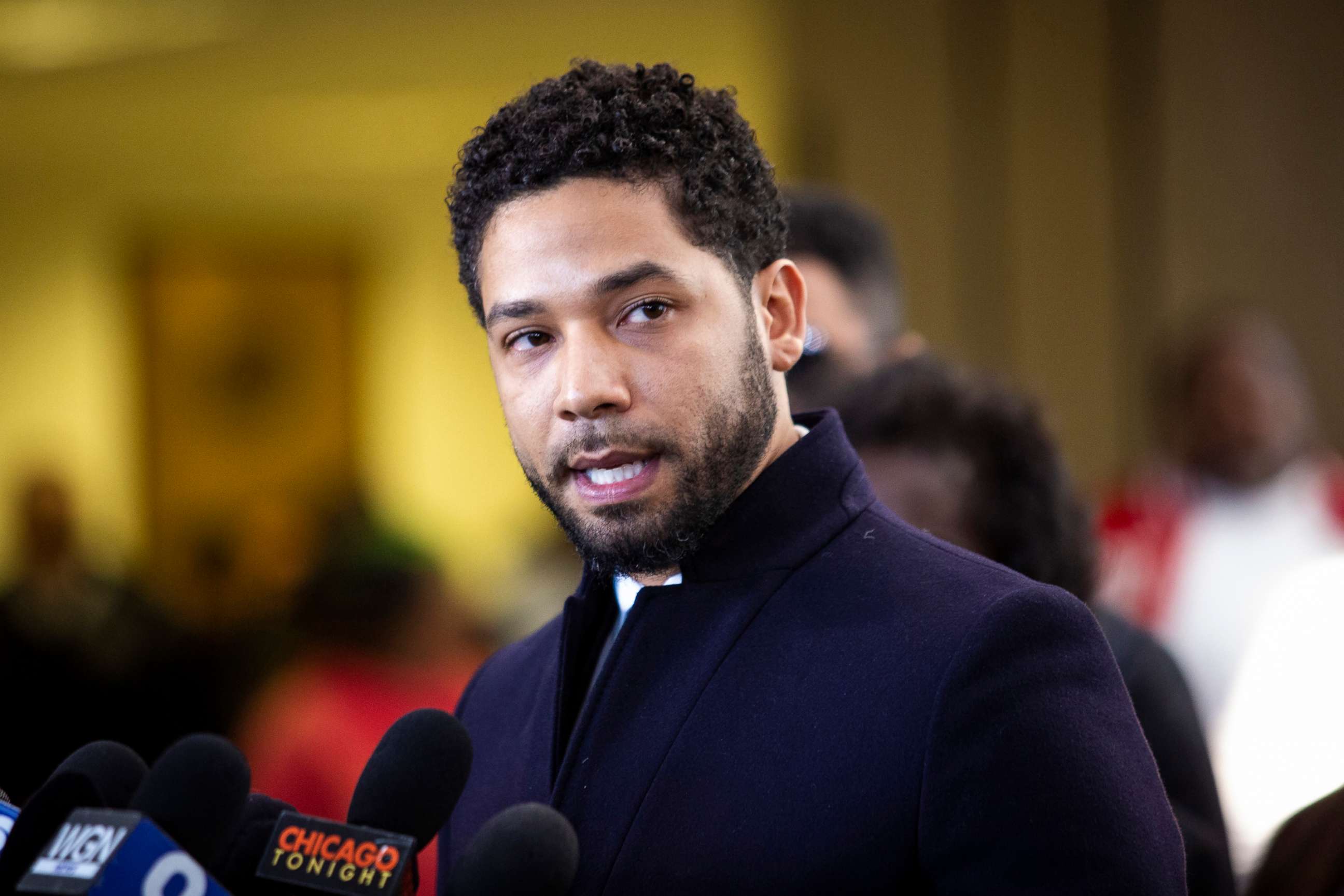 PHOTO: Actor Jussie Smollett speaks to reporters at the Leighton Criminal Courthouse in Chicago after prosecutors dropped all charges against him, March 26, 2019.