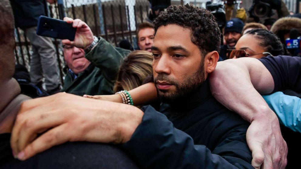 PHOTO: Actor Jussie Smollett emerges from the Cook County Court complex  in Chicago, in this Feb. 21, 2019 file photo.