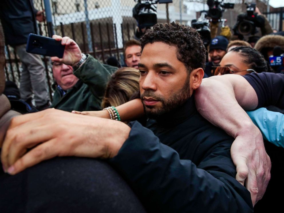 PHOTO: Actor Jussie Smollett emerges from the Cook County Court complex  in Chicago, in this Feb. 21, 2019 file photo.