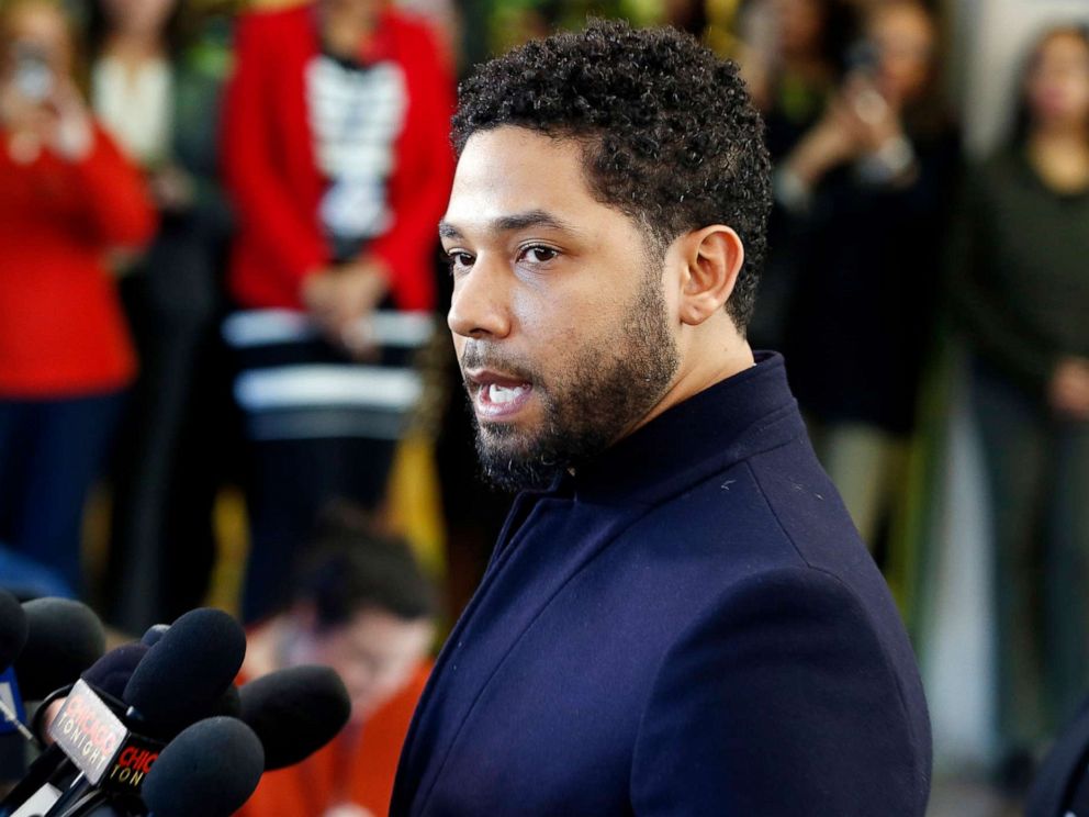 PHOTO: Jussie Smollett speaks with members of the media after his court appearance at Leighton Courthouse on March 26, 2019, in Chicago.