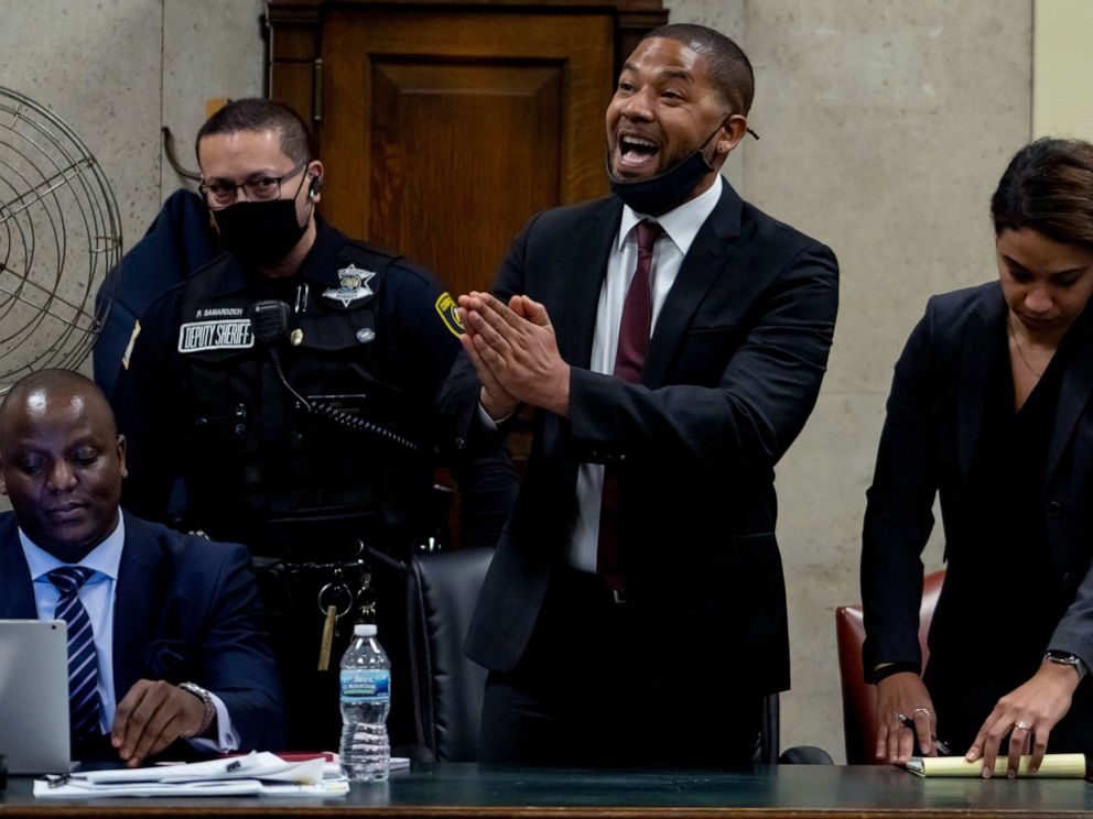 PHOTO: Actor Jussie Smollett speaks to Judge James Linn after his sentence is read at the Leighton Criminal Court Building, Thursday, March 10, 2022, in Chicago.