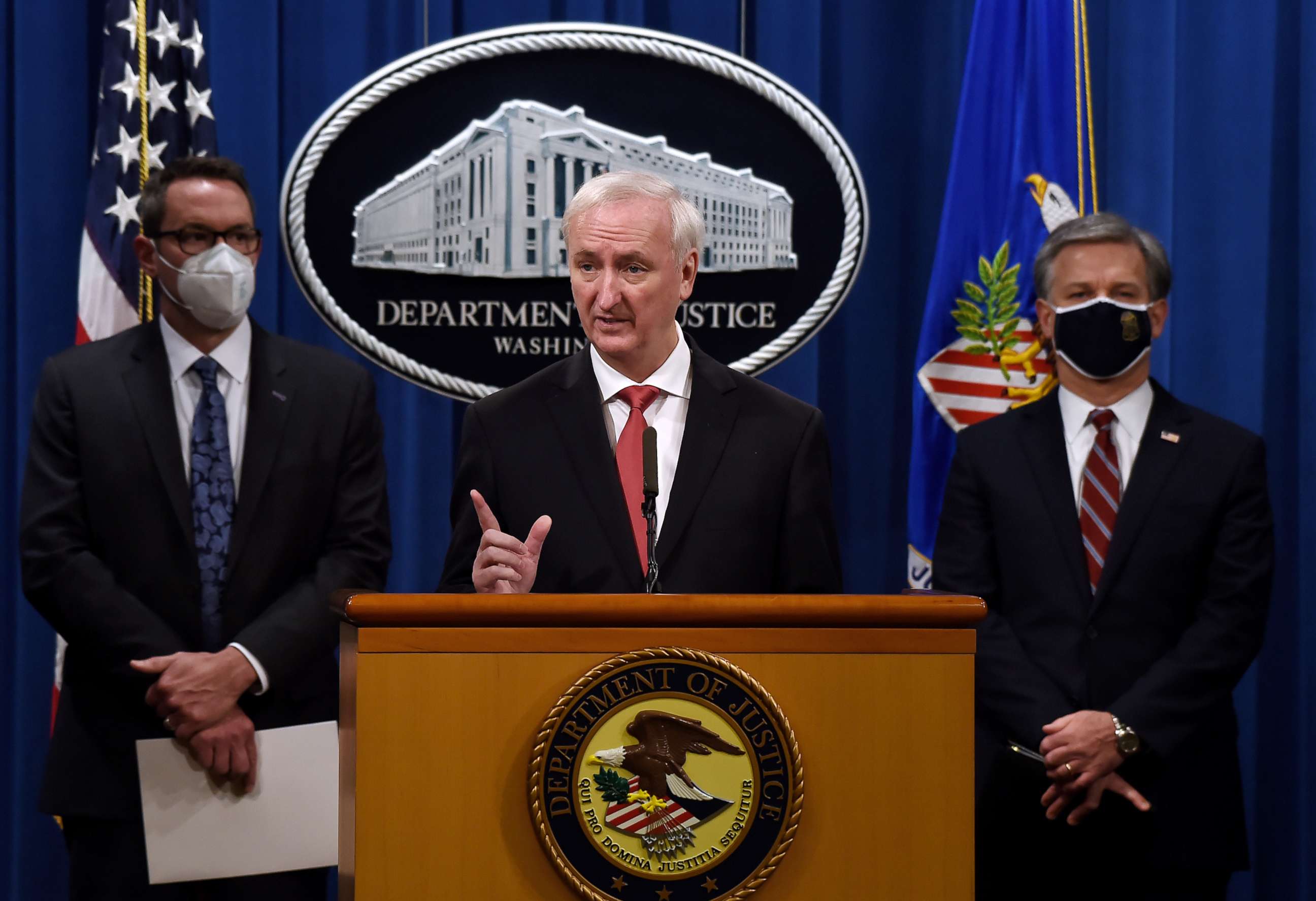 PHOTO: Deputy Attorney General Jeffrey A. Rosen announces significant law enforcement actions related to the illegal sale of drugs and other illicit goods and services on the Darknet at the Department of Justice, in Washington, Sept. 22, 2020.