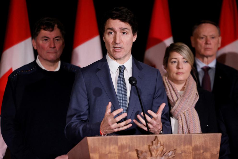 PHOTO: Canada's Prime Minister Justin Trudeau, with Finance Minister Dominic LeBlanc, Minister of Foreign Affairs Melanie Joly, and Minister of Public Safety David McGuinty during a Liberal Cabinet Retreat in Montebello, Canada Jan. 21, 2025.