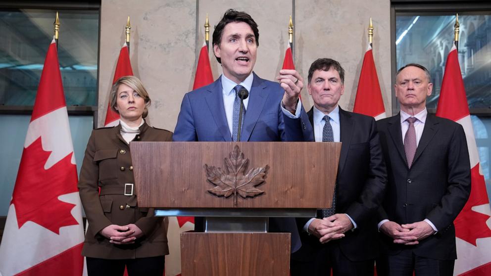 PHOTO: Prime Minister Justin Trudeau holds a news conference on imposed U.S. tariffs with Foreign Affairs Minister Melanie Joly, Finance Minister Dominic LeBlanc and Public Safety Minister David McGuinty in Ottawa, Mar. 4, 2025.