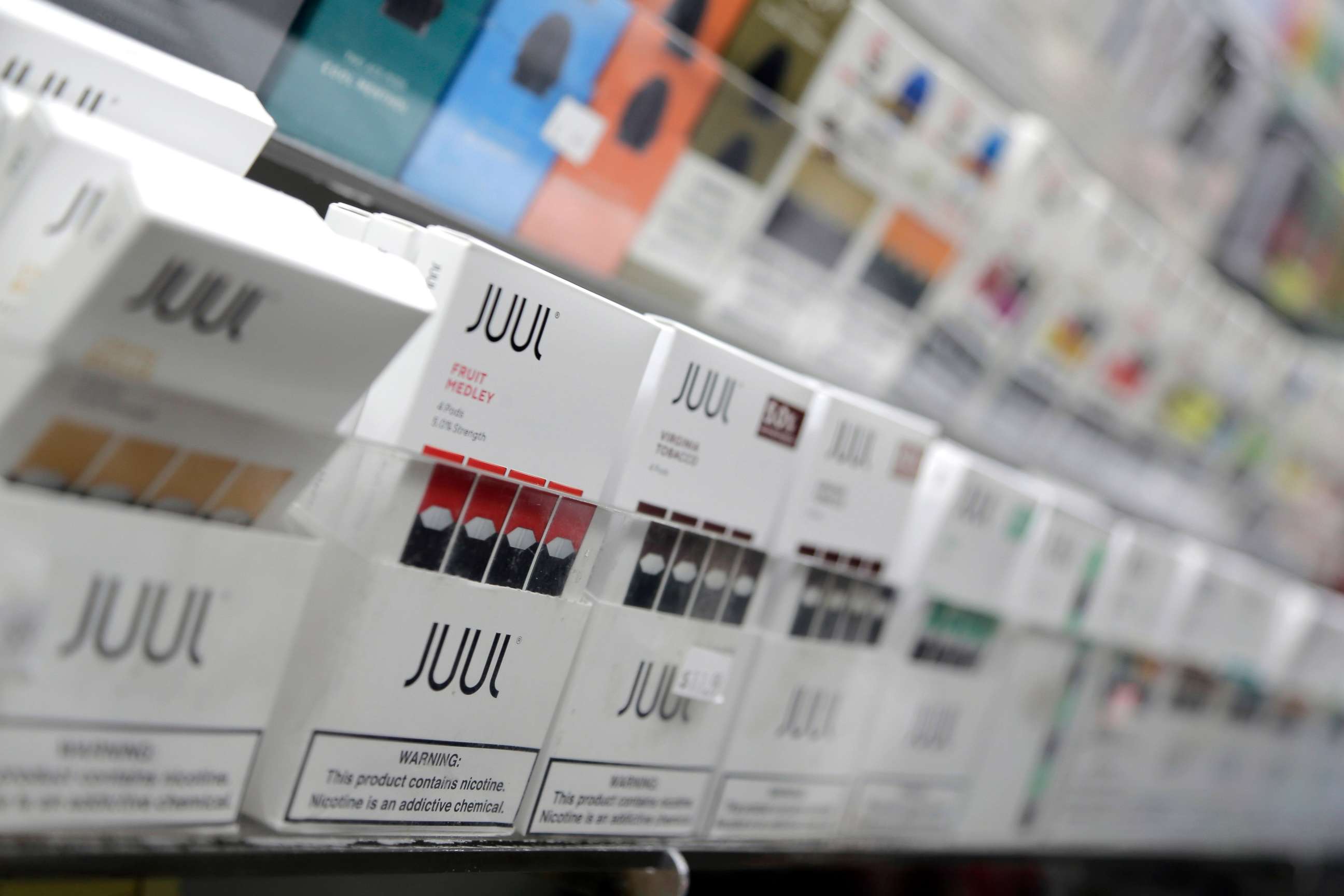 PHOTO: Juul products are displayed at a smoke shop in New York, Dec. 20, 2018.