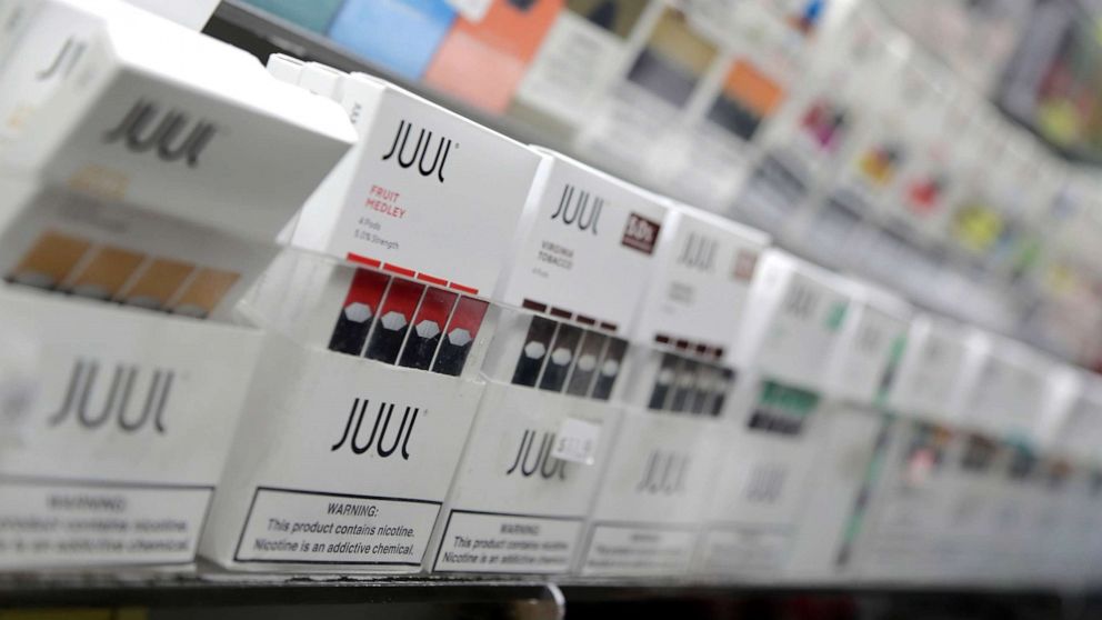 PHOTO: Juul products are displayed at a smoke shop in New York, Dec. 20, 2018.