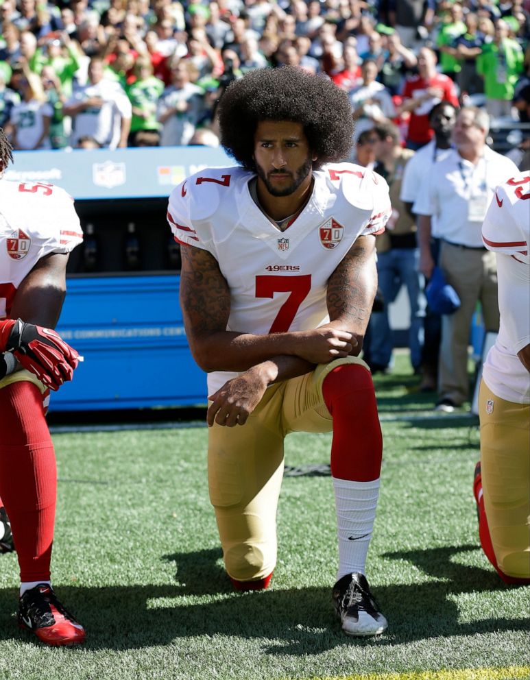 PHOTO: In this Sept. 25, 2016, file photo, San Francisco 49ers' Colin Kaepernick kneels during the national anthem before an NFL football game against the Seattle Seahawks, in Seattle.