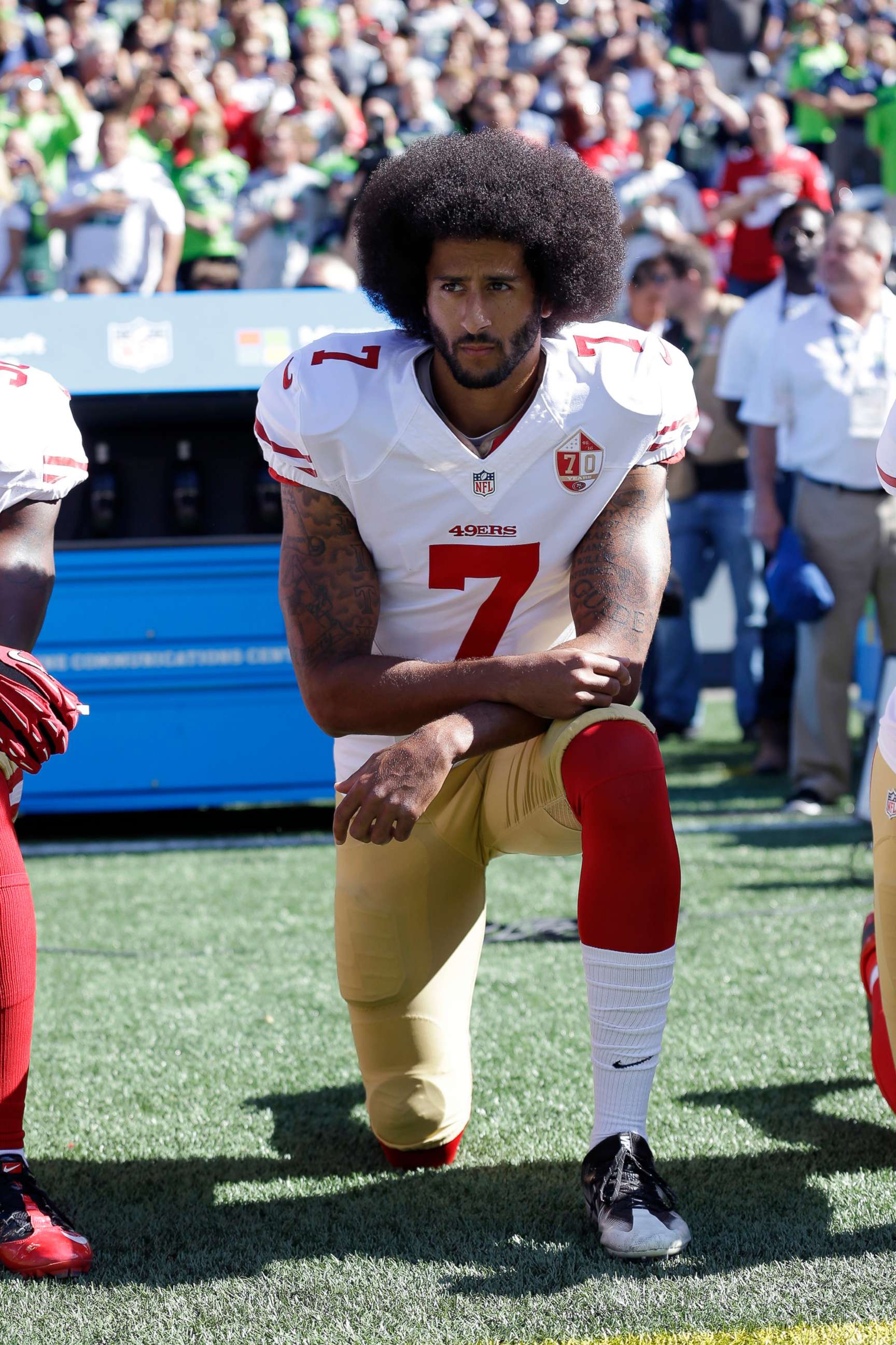PHOTO: San Francisco 49ers' Colin Kaepernick kneels during the national anthem before an NFL football game against the Seattle Seahawks in Seattle, Sept. 25, 2016.