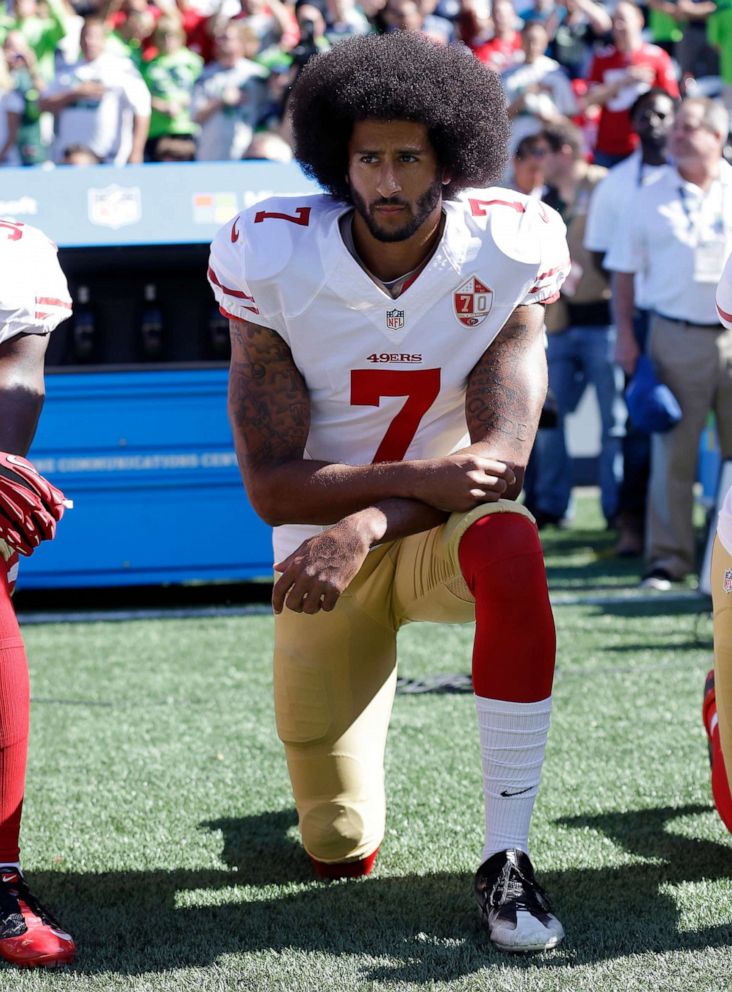 PHOTO: San Francisco 49ers' Colin Kaepernick kneels during the national anthem before an NFL football game against the Seattle Seahawks in Seattle, Sept. 25, 2016.