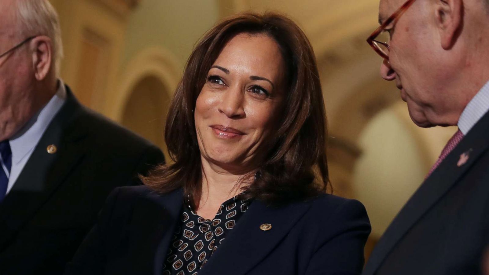 PHOTO: Sen. Kamala Harris talks to reporters following the weekly Democratic Senate policy luncheon at the Capitol, Nov. 27, 2018, in Washington, DC.