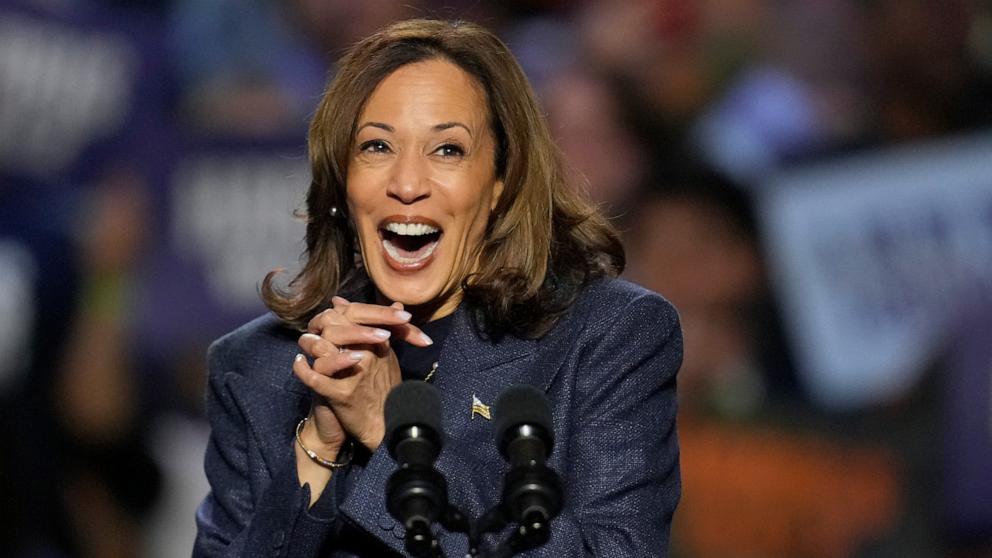 PHOTO: Democratic presidential nominee Vice President Kamala Harris speaks during a campaign rally at Jenison Field House on the campus of Michigan State University, Nov. 3, 2024, in East Lansing, Mich.