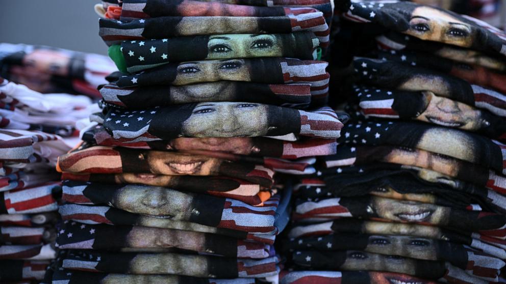 PHOTO: Kamala Harris merchandise is displayed ahead of Vice President and Democratic presidential candidate Kamala Harris's speech on the Ellipse, in Washington, Oct. 29, 2024.