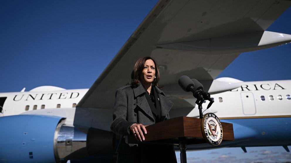 PHOTO: Vice President and Democratic presidential candidate Kamala Harris speak to the press after arriving at Dane County Regional Airport in Madison, Wisconsin, Nov. 1, 2024. 