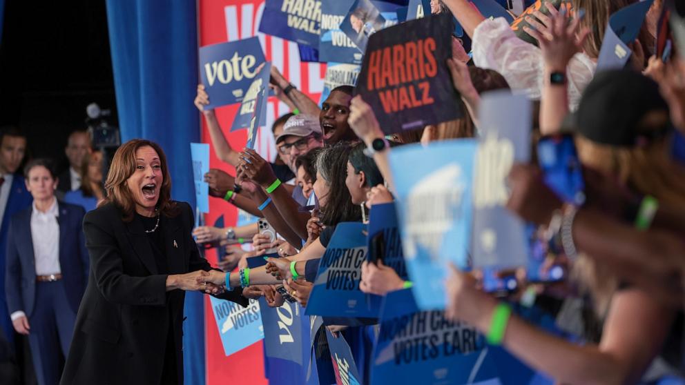 PHOTO: Democratic presidential nominee, U.S. Vice President Kamala Harris greets supporters during a rally, Oct. 29 in Raleigh, North Carolina. 