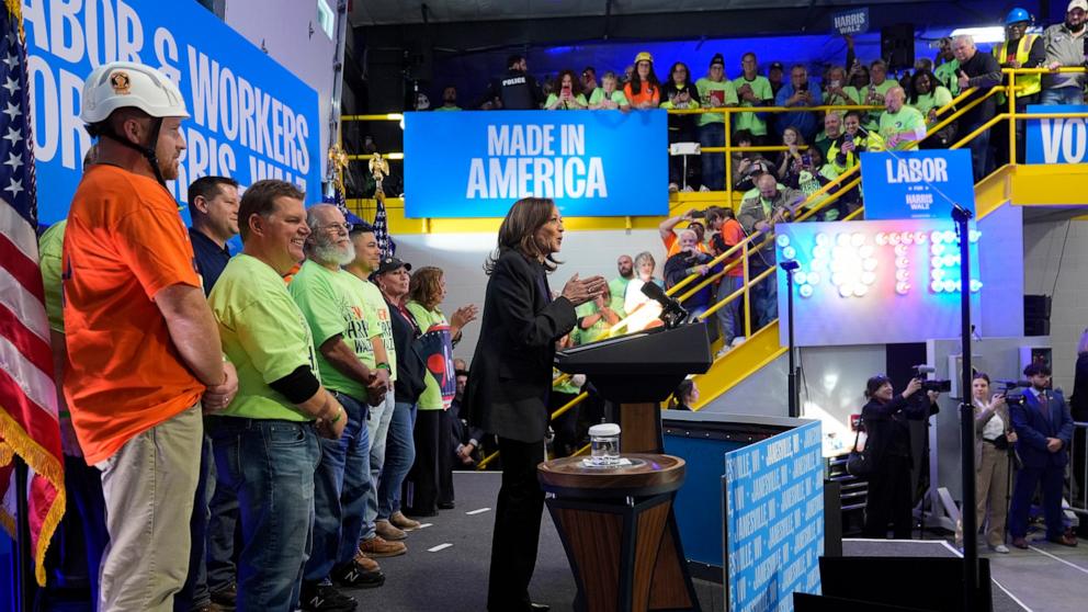 PHOTO: Democratic presidential nominee Vice President Kamala Harris speaks during a campaign event in Janesville, Wis., Nov. 1, 2024. 