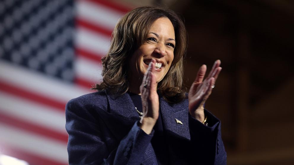 PHOTO: Democratic presidential nominee, Vice President Kamala Harris speaks at a campaign rally at Jenison Field House on the Michigan State University campus on Nov. 3, 2024, in Lansing, Michigan.