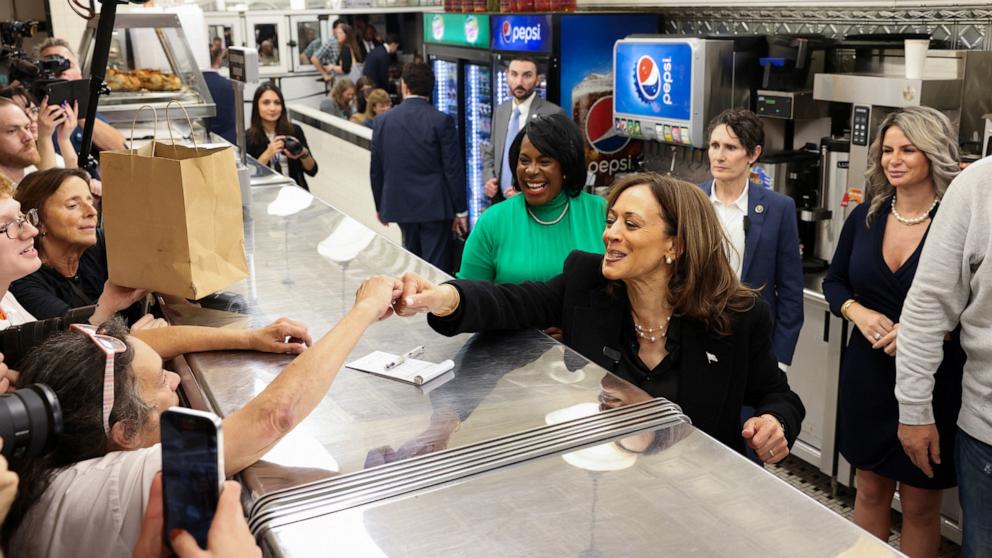 PHOTO: Democratic presidential nominee U.S. Vice President Kamala Harris visits the Famous 4th Street Delicatessen, Oct. 23, 2024, in Philadelphia.