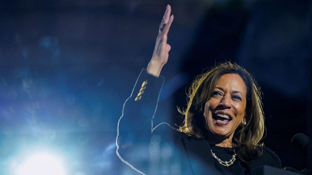 PHOTO: Democratic presidential nominee and U.S. Vice President Kamala Harris reacts during a campaign rally, in Pittsburgh, Nov. 4, 2024.
