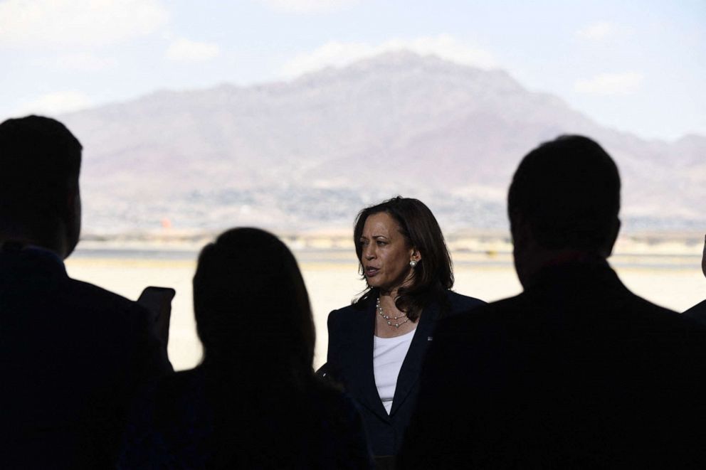 PHOTO: US Vice President Kamala Harris speaks at a press conference at El Paso International Airport, on June 25, 2021 in El Paso, Texas.