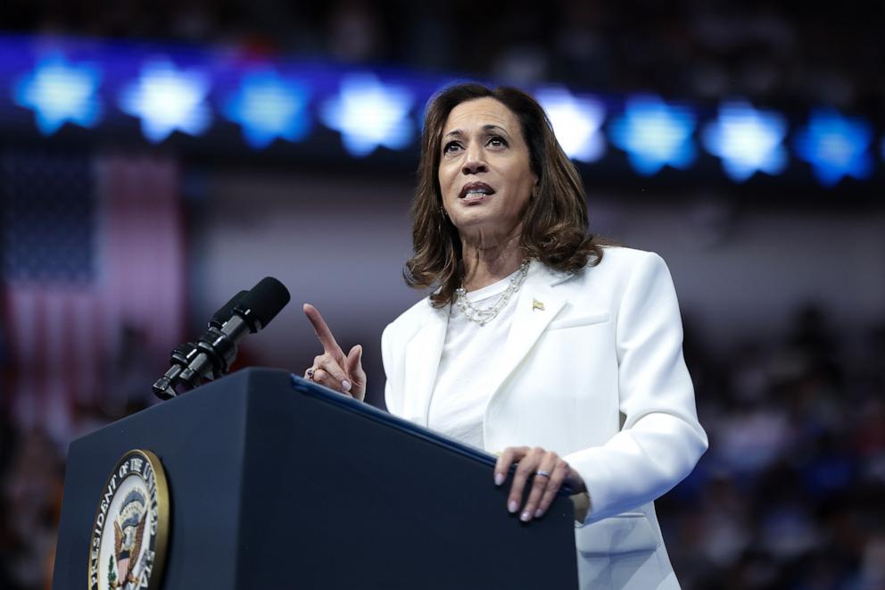 PHOTO: Democratic presidential nominee, Vice President Kamala Harris speaks at a campaign rally, Aug. 29, 2024, in Savannah, Ga.