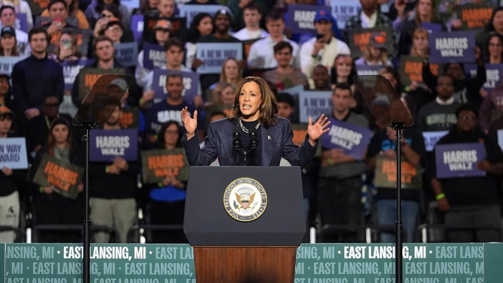 PHOTO: Democratic presidential nominee Vice President Kamala Harris speaks during a campaign rally at Jenison Field House on the campus of Michigan State University, Nov. 3, 2024, in East Lansing, Mich. 