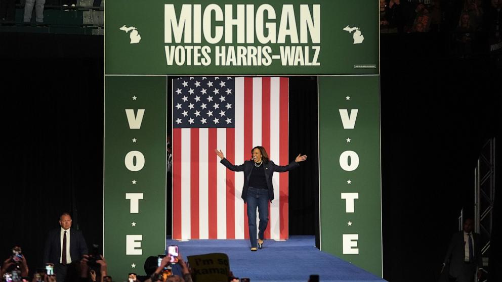 PHOTO: Democratic presidential nominee Vice President Kamala Harris arrives to speak during a campaign rally at Jenison Field House on the campus of Michigan State University, Nov. 3, 2024, in East Lansing, Mich. 