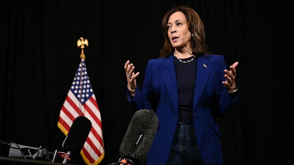 PHOTO: Democratic presidential nominee, Vice President Kamala Harris speaks to members of the media in Madison, Wisconsin, Oct. 31, 2024.