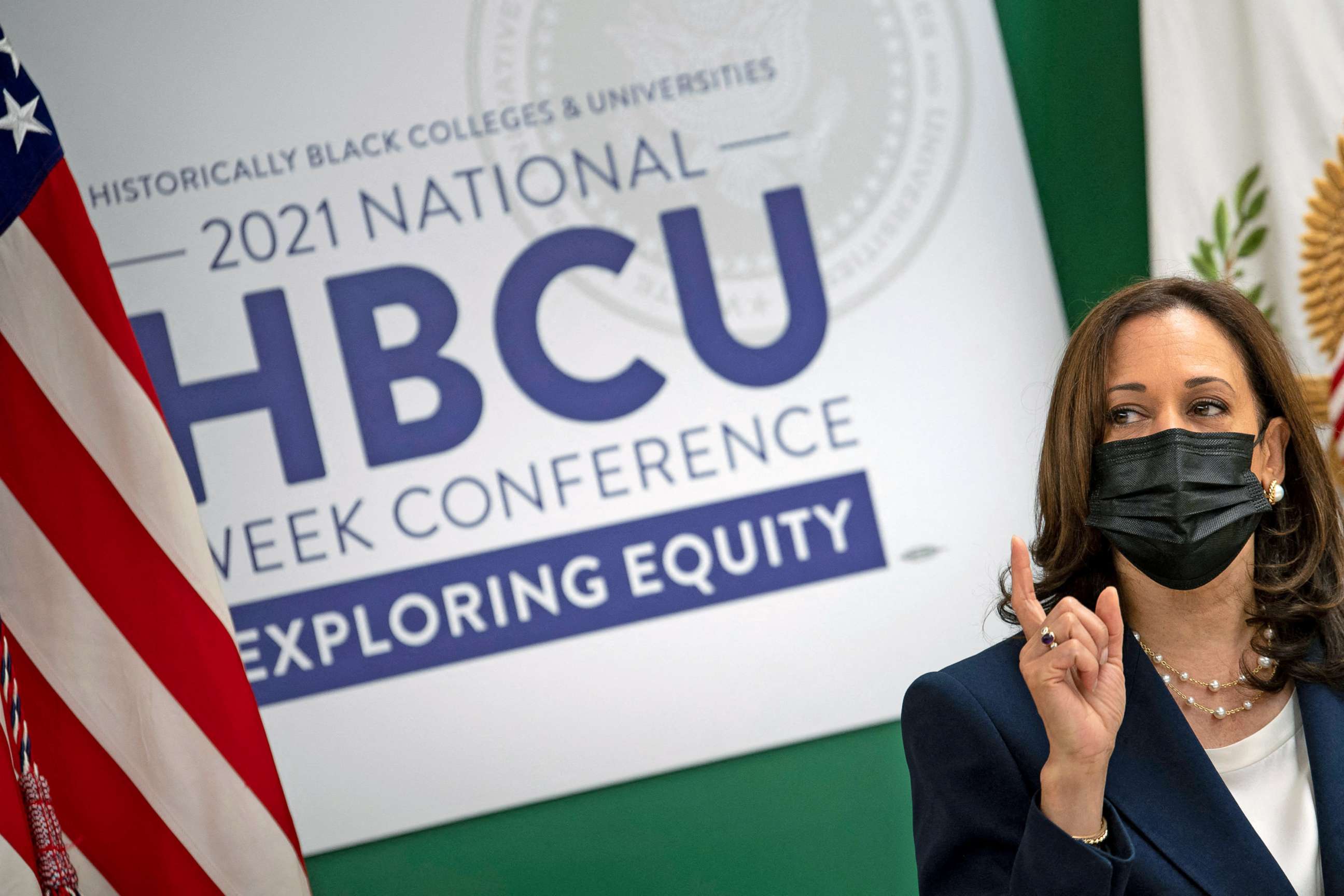 PHOTO: Vice President Kamala Harris speaks during a discussion with students as she tours Hampton University during a visit highlighting Historically black colleges and universities and STEM programs on Sept. 10, 2021, in Hampton, Va.