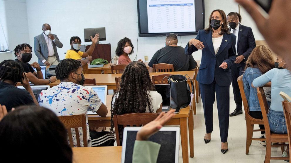 PHOTO: Vice President Kamala Harris leaves after talking to a business class as she tours Hampton University during a visit highlighting Historically black colleges and universities and STEM programs on Sept. 10, 2021, in Hampton, Va.
