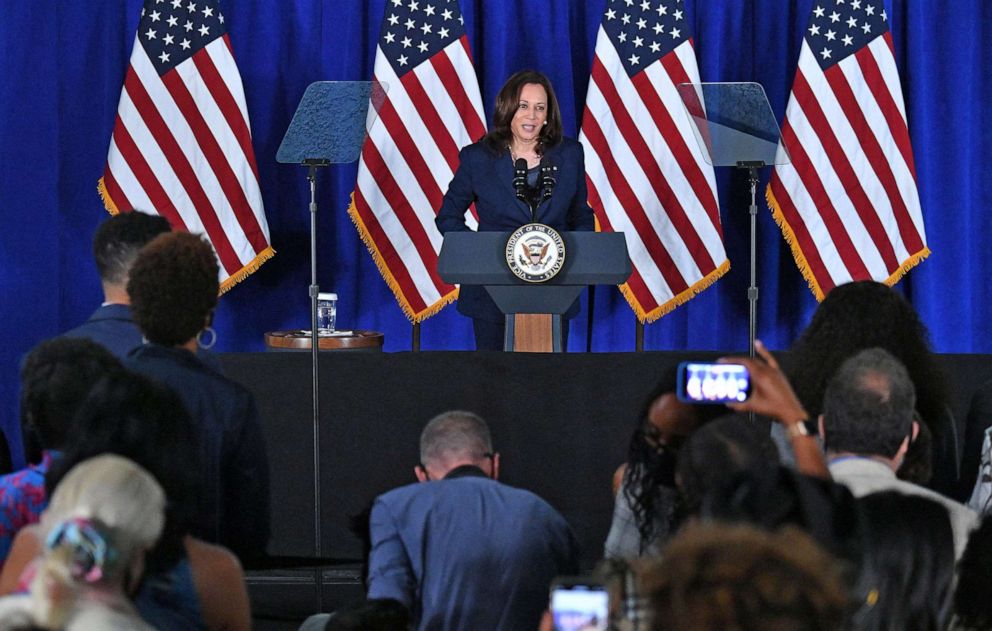 PHOTO: Vice President Kamala Harris speaks on voting rights at the Louis Stokes Library of Howard University in Washington, D.C., on July 8, 2021. 